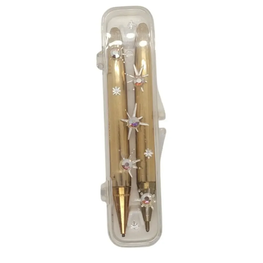 Mid Century Atomic Pen Set‎ Gold Star Rhinestone Clear Case Statement Piece